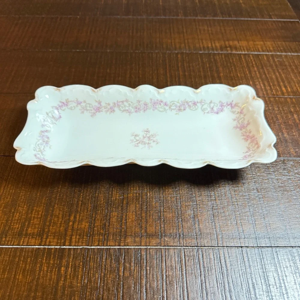 A. Lanternier Limoges Antique Celery Relish Dish Floral Scalloped Gold Puple VTG